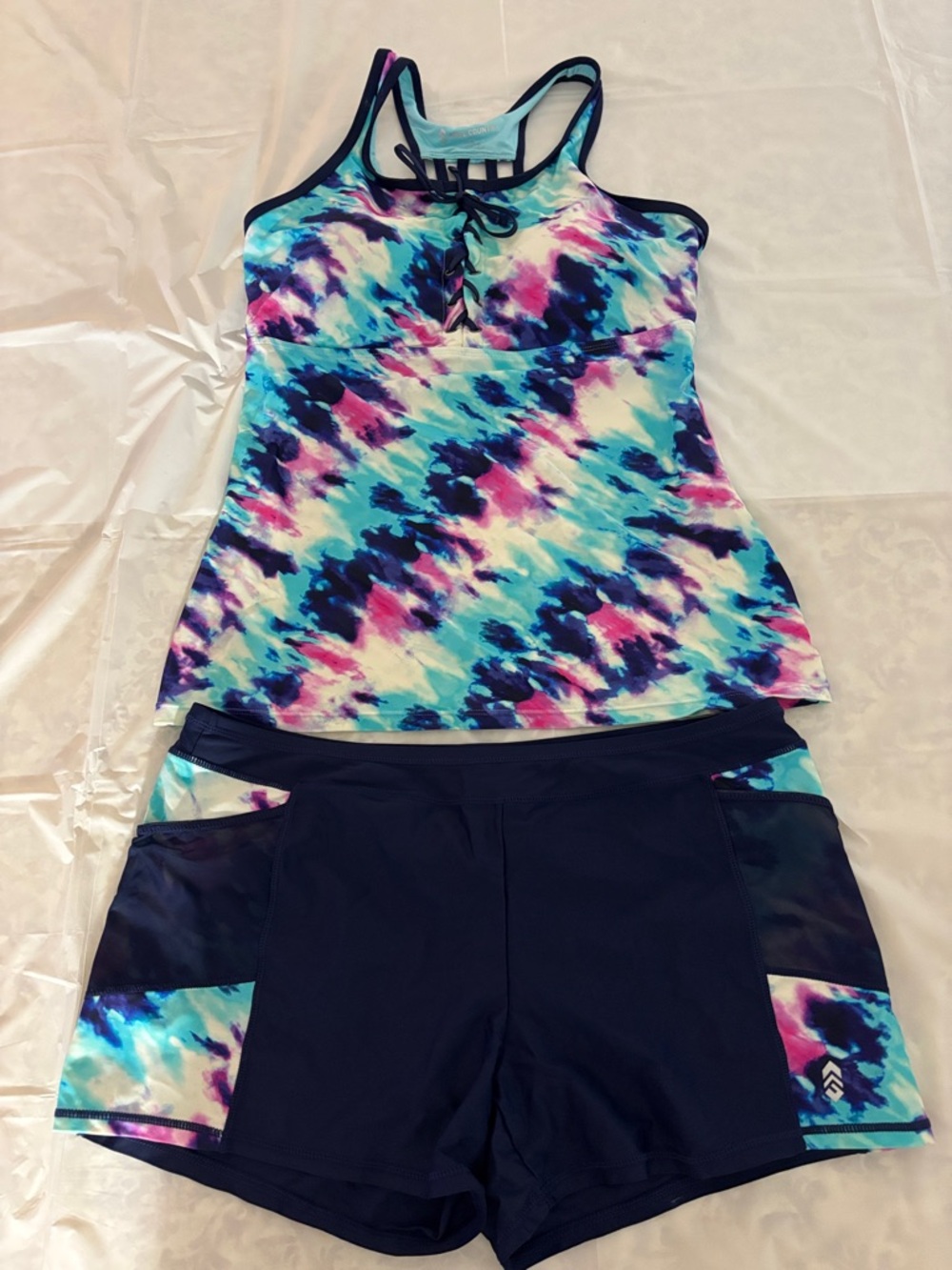 Tie-Dye Tankini Top and Navy Swim Shorts - Multicolor